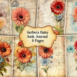 Gerbera Daisy Junk Journal Kit, Vintage Gerbera Daisy Journal Pages, Dictionary page Junk Journal Printable Paper, Digital Collage Sheet