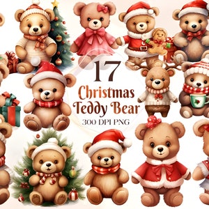 Watercolor Christmas Teddy Bear Clipart, 17 PNG Holiday Teddy Bear Clipart, Christmas Teddy Bear PNG, Christmas Bear PNG, Commercial Use
