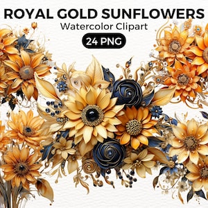 Watercolor Royal Gold Sunflowers PNG Clipart, Fantasy Floral Clip Art, Magical Flower bundle, Jewelled Flower png, Royal Watercolor Flowers