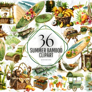 Clipart de bambu de verão Conjunto de clipart de bambu em aquarela Padrões de bambu sem costura PNGs de bambu para fazer cartões de mídia mista artesanato em papel digital