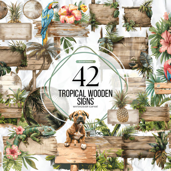 Watercolor Tropical Wooden Signs Clipart - rustic wood sign posts in PNG format instant download for commercial use