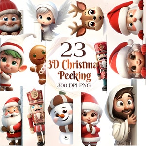 3D Christmas Peeking Clipart | Watercolor Christmas Gift Clipart Winter Clipart Bundle, Cute Christmas Animals Gift Free Commercial Use