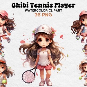 Cute Chibi Tennis Girls, Watercolor Girls, Cute Illustrations, Digital Craft Bundle, Scrapbooking Bundle, Whimsical Paper Craft, Tropic