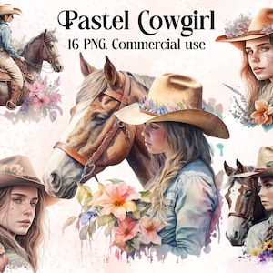 Aquarel Pastel Cowgirl Clipart - Wild Western PNG Digital Image Downloads voor het maken van kaarten, Scrapbook, Junk Journal, Paper Crafts
