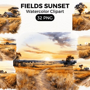 Beautiful Watercolor Sunset Fields Scenes, Commercial Use Clipart, Field Clipart, Scrapbook, Flower, Sunset, Sunrise, Wildflower, Meadow