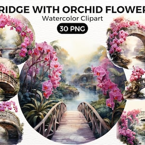 Garden Bridge Orchid Flowers Clipart,garden clip art, Digital watercolor, Watercolor Clipart Spring, summer Flowers illustration Digital Art