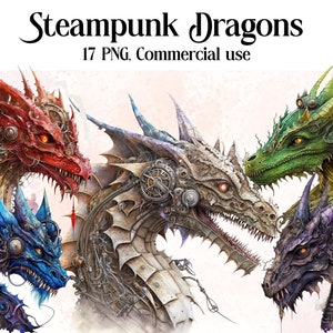Steampunk Dragons Clipart, PNG, Full Commercial Use, Fantasy Clipart, Watercolor Dragon Clipart, Watercolor Clipart with Instant Download