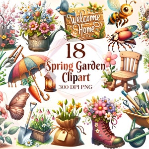 Watercolor Spring Gardens Clipart, Spring Garden Illustrations, Painted Garden Clipart, PNG Graphics, Instant Download for Commercial Use