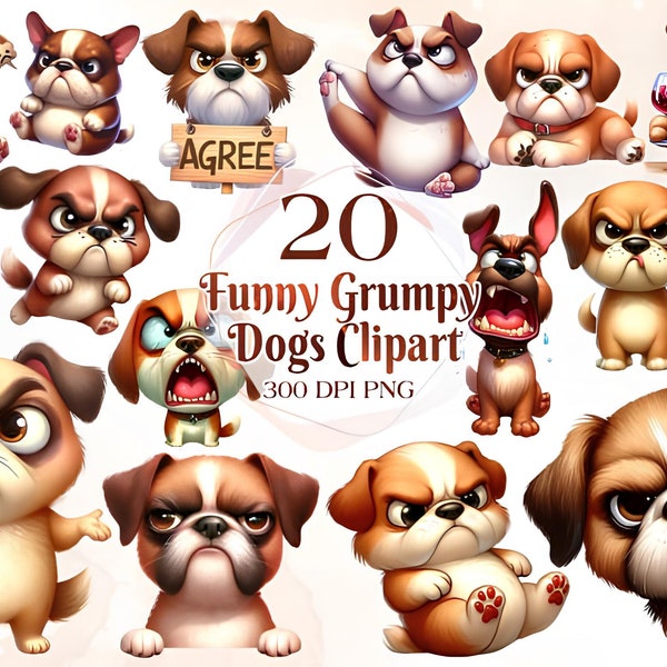 20 Funny Grumpy Dog Clipart, High Quality Transparent PNGs, Instant Download, Commercial Use - Cartoon Pet prints, Funny Dogs printables