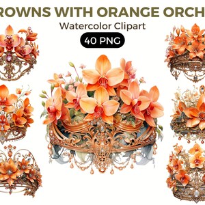 Royal Crowns With Orange Orchid Flowers Clipart, Watercolor floral clipart, bouquets, flowers, nursery, wreath, blossom, portraits clipart