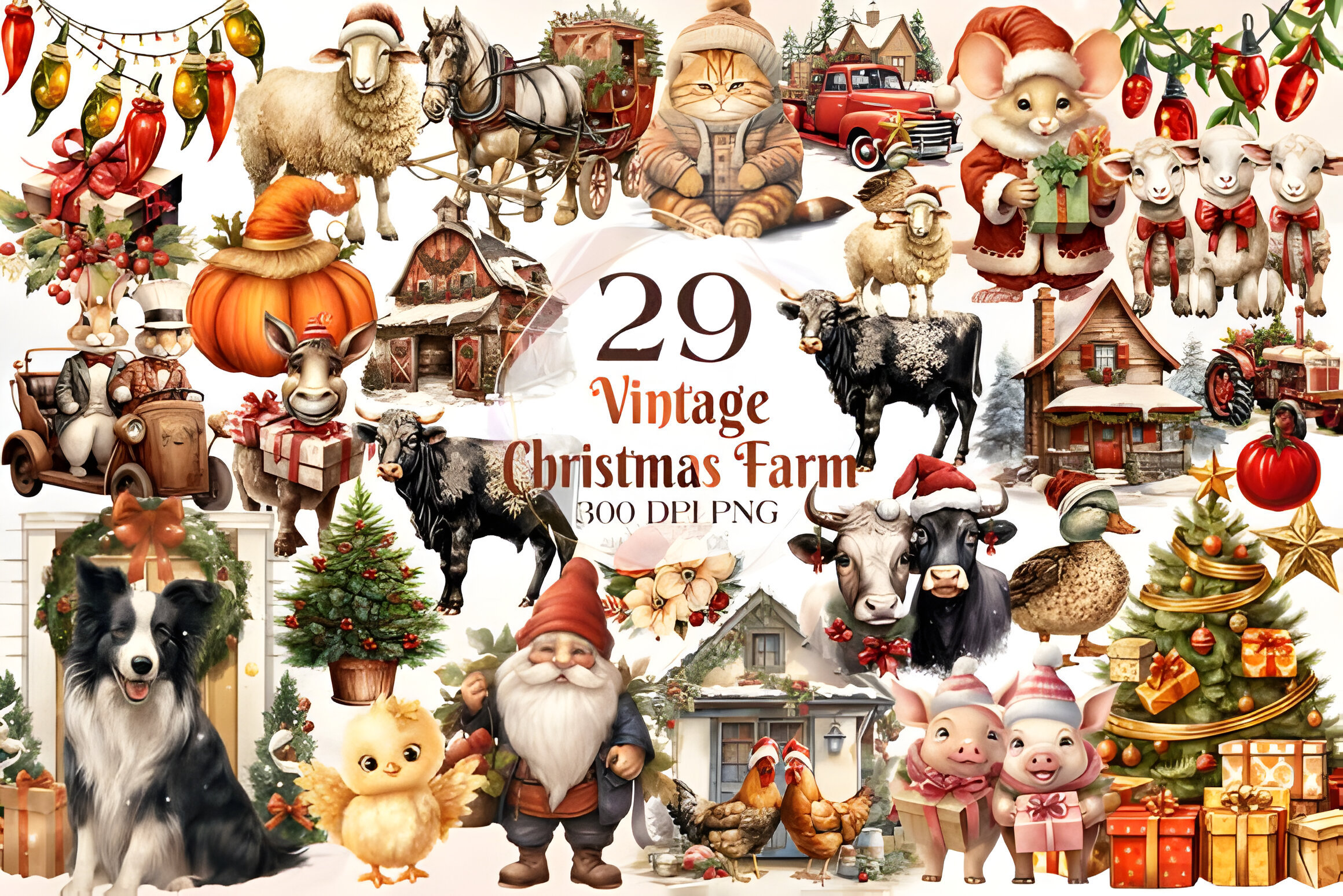 Christmas Farm Clipart Bundle PNG Watercolor | Watercolor Christmas Gift Clipart Winter Clipart Bundle Gift Free | Commercial Use