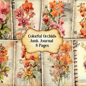 Colorful Orchids Junk Journal Kit, Vintage Orchids Junk Journal Pages, Dictionary page Junk Journal Printable Paper, Digital Collage Sheet