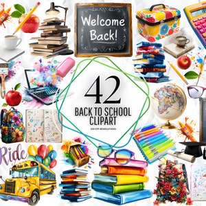 Watercolor Back to School Clipart - School bus, Backpack, Pencil, Notebook Illustrations | PNG Graphics, Instant Download for Commercial Use