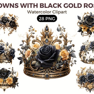 Royal Crowns Black Gold Roses Clipart, Watercolor floral clipart, bouquets, flowers, nursery, wreath, blossom, for portraits, accessories