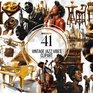 Pacchetto di clipart acquerello Vintage Jazz Vibes DOWNLOAD immediato illustrazioni di vibranti band jazz, sfondo trasparente, uso commerciale personale