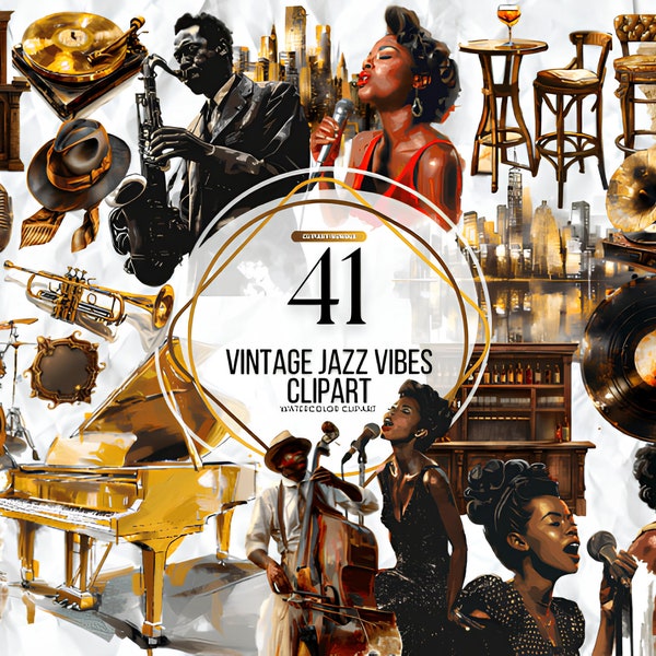 Aquarelle vintage Jazz Vibes Clipart Pack TÉLÉCHARGEMENT IMMÉDIAT Illustrations de groupes de jazz vibrants, fond transparent, usage commercial personnel