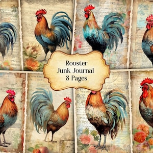 Watercolor Rooster Junk Journal Printable Page, Rooster Junk Journal Kit,Junk Journal Paper Digital Collage Sheet, Instant Download