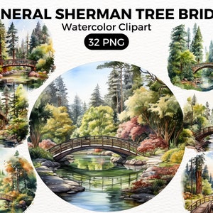 General Sherman Tree Bridge Clipart, Trees Digital watercolor png Bridge, Watercolor Clipart Spring, Forest Trees illustration Digital Art