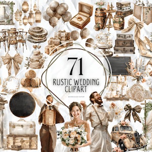 Imágenes prediseñadas de boda rústica de acuarela. Imágenes prediseñadas del tema de la boda campestre. Decoración de invitación de ideas de boda rústica. Novia y novio rústicos PNG. 71 PNG