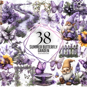 Clipart de borboleta de verão Graden - jardim de verão em aquarela, clipart de flores de verão png, ilustrações de jardim, pintura de jardim png