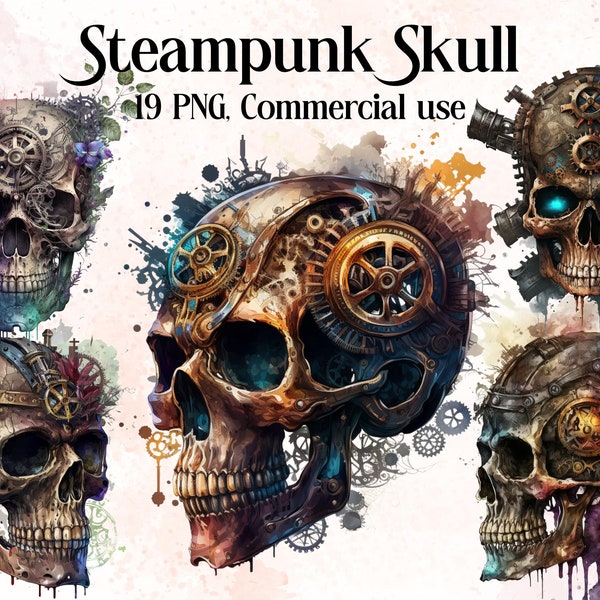 Steampunk Skull Steampunk Elements, antique illustrations of human skulls with steampunk PNG clipart instant download for commercial use