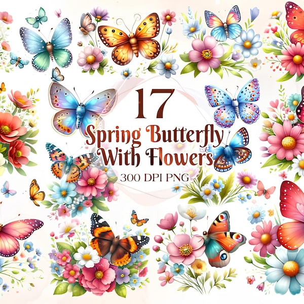 Spring Butterflies Flowers Watercolor Clipart Bundle PNG Butterfly Flowers Images, Spring Graphics, Instant Digital Download, Commercial Use