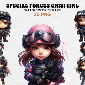 Special Forces Chibi Girls, Watercolor Girls, Cute Illustrations, Digital Craft Bundle, Scrapbooking Bundle, Whimsical Paper Craft, Tropic