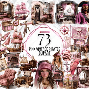 Watercolor Pink Wintage Pirates Clipart, Buccaneers Download, Instant Download, Scalleywags, Pirate Ship, Blackbeard Cutlass Pirate Flag