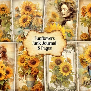 Sunflowers Junk Journal Pages, Vintage Sunflowers Junk Journal Kit, Junk Journal Printable Paper, Digital Collage Sheet, Instant Download
