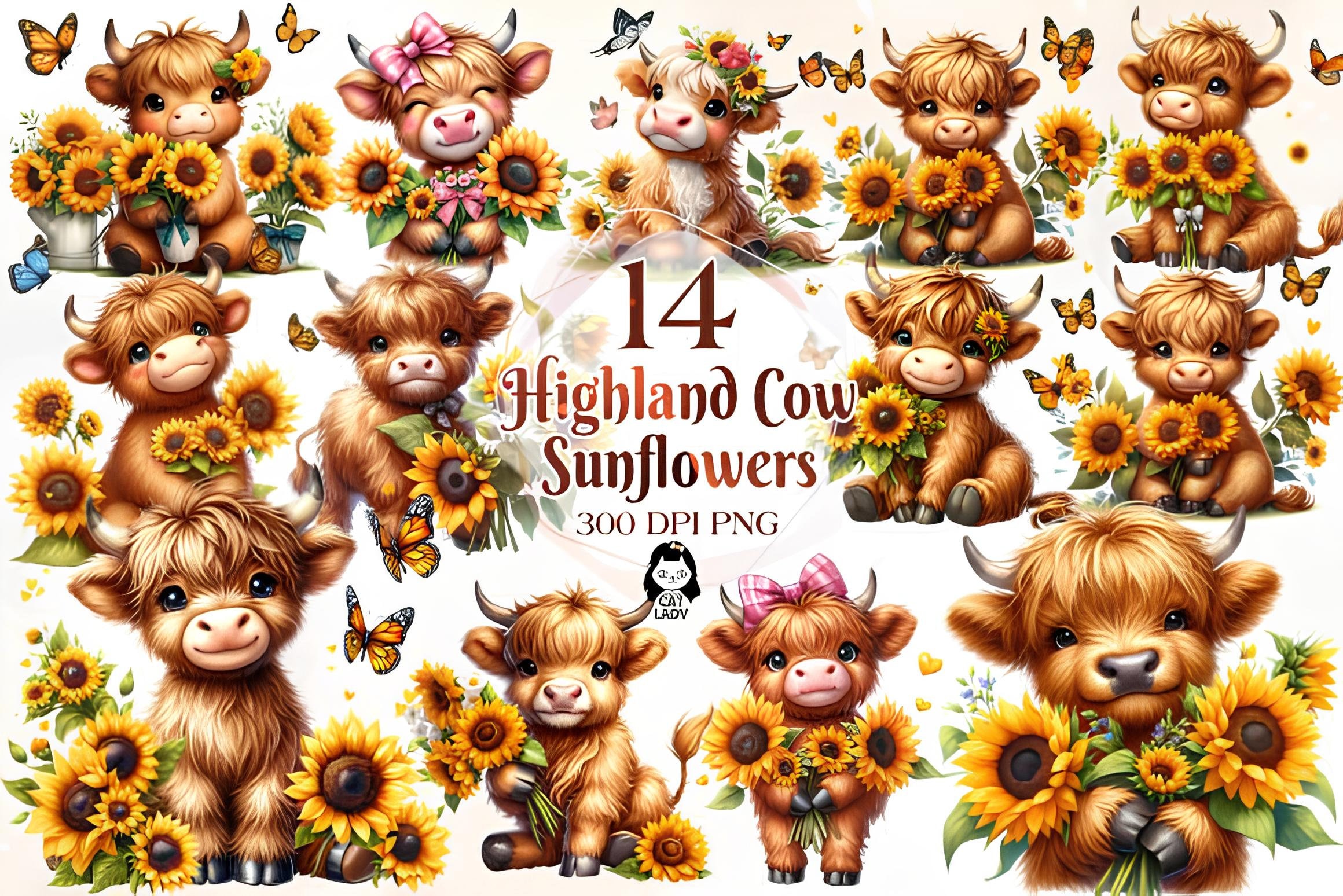 Watercolor Sunflower Highland Cows Collection Clipart, 14 PNG Spring Flowers Clipart, Baby Animal, Baby Cow Clipart Bundle, Commercial Use