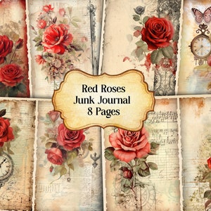 Red Roses Junk Journal Kit, Vintage Red Roses Junk Journal Pages, Dictionary page Junk Journal Printable Paper, Digital Collage Sheet