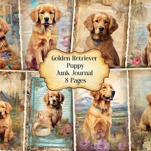 Watercolor Golden Retriever Puppy Junk Journal Printable Page, Retriever Junk Journal, Junk Journal Paper Digital Collage, Instant Download