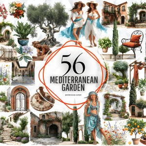 May include: A collection of 56 watercolor illustrations featuring elements of a Mediterranean garden. The illustrations include plants, flowers, trees, arches, gates, fountains, and people. The illustrations are perfect for creating digital or printed designs.