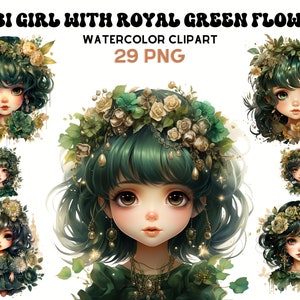 Green Roses Chibi Girls, Watercolor Girls, Cute Illustrations, Digital Craft Bundle, Scrapbooking Bundle, Whimsical Paper Craft Digital Art