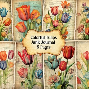 Colorful Tulips Junk Journal Kit, Vintage Tulips Junk Journal Pages, Dictionary page Junk Journal Printable Paper, Digital Collage Sheet