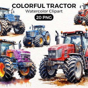 Farming Tractor Clipart Bundle - 20 Watercolor Tractors PNGs - Digital Download for Decor, DYI, Invitations for Farmers and Farm Lovers