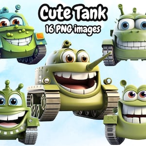 Imágenes Prediseñadas de tanques lindos, dibujos animados lindos de tanques del ejército para niños, descarga instantánea, vehículos para niños, vehículos animados de dibujos animados, arte PNG de alta calidad