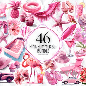 Pink Summer Clip Art Bundle - Cute Little Summer Clipart - Graphics - Bundle - Digital - Beach, animals, pool party, summer food