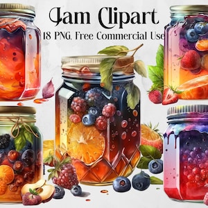 Clipart di marmellata, clipart di vasetti di marmellata, clipart di gelatina, cibo, png. Acquerello digitale. Uso commerciale gratuito. Scrapbooking, frutta, clipart estive.