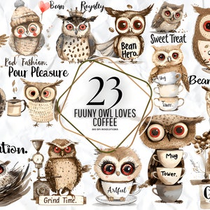 Lustige Eulen Lieben Kaffee Sublumation Png - Eule mit Kaffeetasse, Aquarell lustige Vögel PNG, Cartoon Eule, verrückte Kaffeevögel