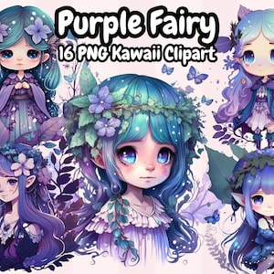 Lila Fee Kawaii Clipart, schöne Feen Fantasy Magie Clip Art, Anime Clipart, süße Fee Kawaii Clipart, niedliche Kawaii Liebhaber Geschenk Art
