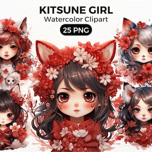 Cute Kitsune Girls, Watercolor Fox Girls, Cute Illustrations, Digital Craft Bundle, Scrapbooking Bundle, Whimsical Paper Craft Digital Art