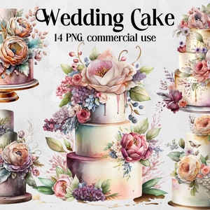 Conjunto de imágenes prediseñadas de pasteles de boda de acuarela, postre de acuarela, pancartas con flores, pastel clásico, menú de boda, álbum de recortes digital, invitación DIY
