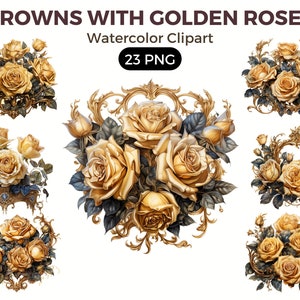 Royal Crowns With Gold Roses Clipart, Watercolor floral clipart, bouquets, flowers, nursery, wreath, blossom, for portraits, accessories