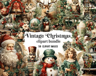 Vintage Christmas Clipart Bundle | Painted Watercolor Christmas Clipart | Christmas Illustrations | PNG Graphics | Christmas Gift Download