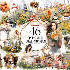 46 imágenes prediseñadas de jardines de flores silvestres de primavera de acuarela, ilustraciones de jardines de primavera, imágenes prediseñadas de jardín pintado, 40 gráficos PNG, descarga instantánea