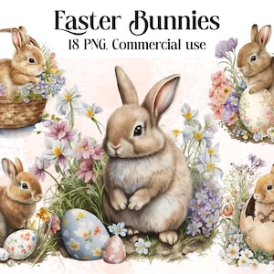 Cute Easter Watercolour Baby bunnies Clipart Bundle, cute brown, gray bunnies with tulips, spring, easter themed clipart,easter gift clipart