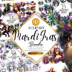 Megabundle 142 aquarelle Mardi Gras Clipart PNG Bundle King Cake Clipart mascarade ClipArt fleur de lys graphiques joyeux carnaval de Mardi Gras