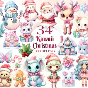 Pastel Kawaii Christmas Clipart Bundle | Cute Christmas Kawaii Graphics | Winter Wonderland | PNG and JPEG for stickers - printables