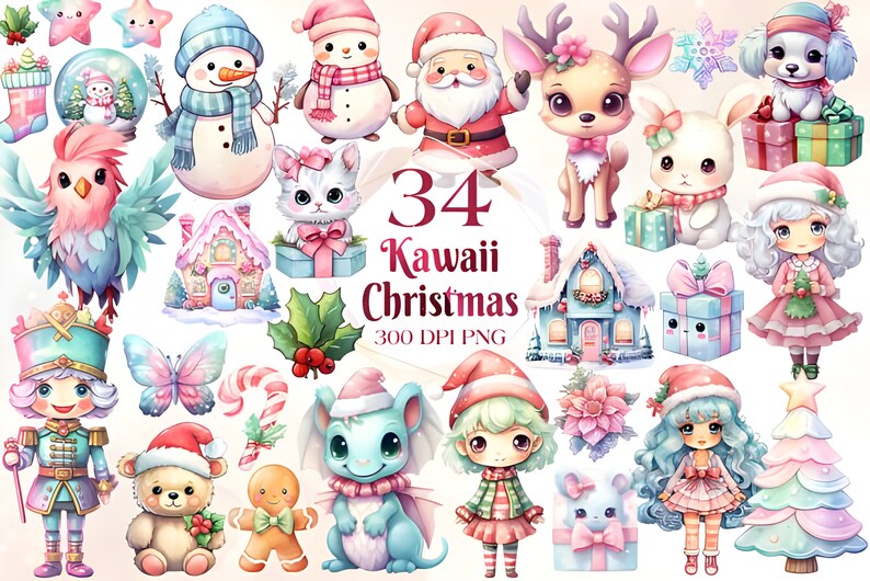 Pastel Kawaii Christmas Clipart Bundle | Cute Christmas Kawaii Graphics ...